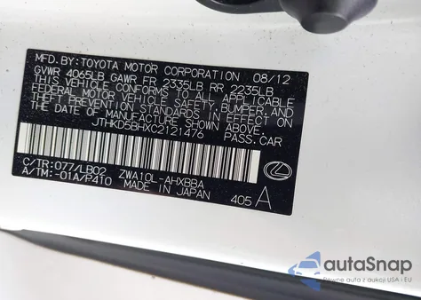 2012 Lexus Ct 200H Premium from USA, damaged, VIN JTHKD5BHXC2121476